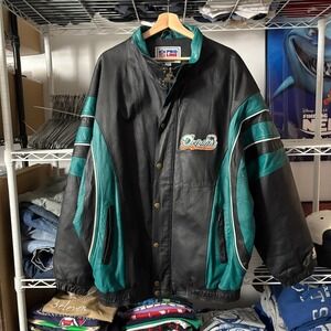 Vintage Starter Pro Line NFL Miami Dolphins Leather Jacket Men's XXL Black Teal